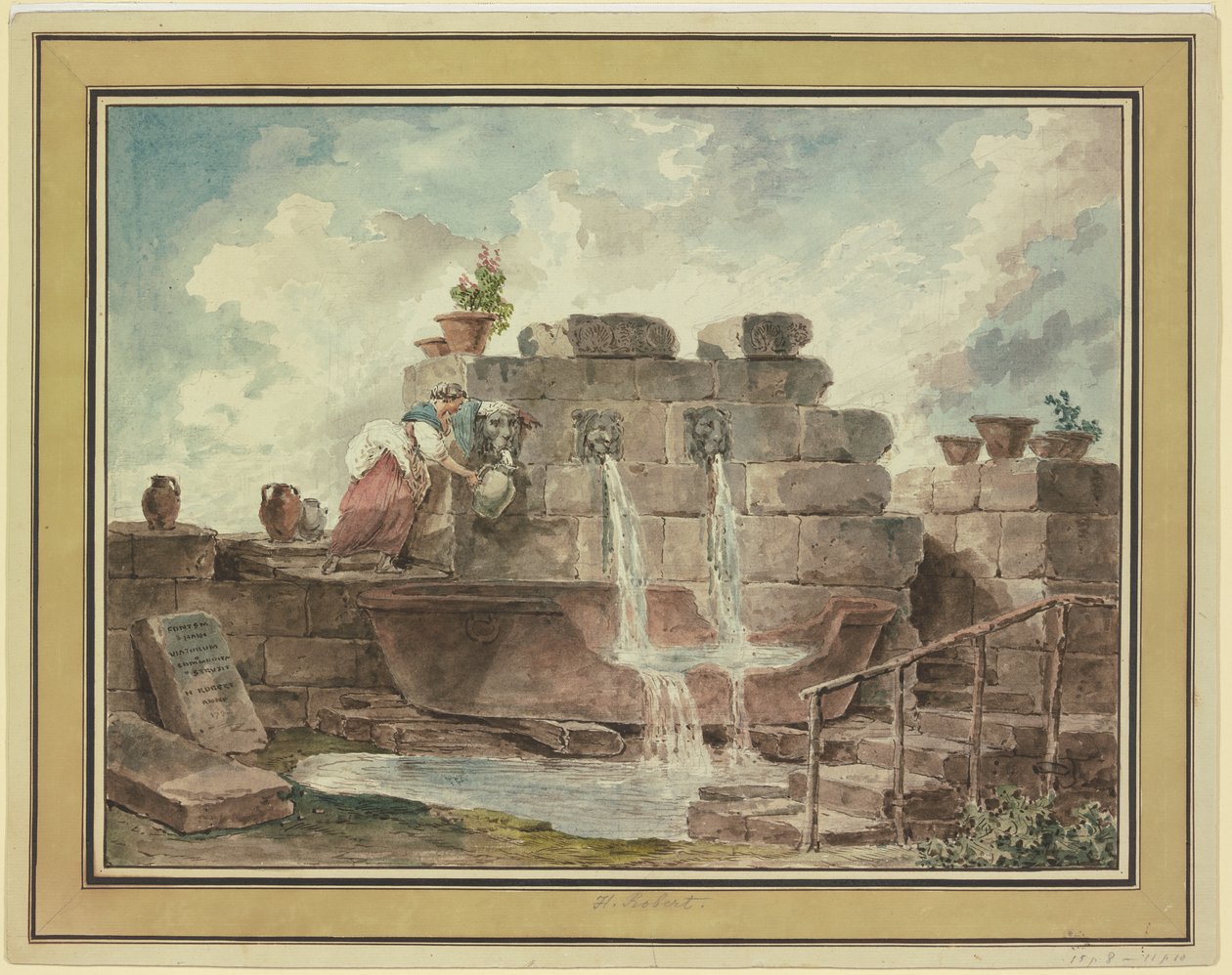 Roomalainen suihkulähde ja vettä noutava nainen tekijältä Hubert Robert
