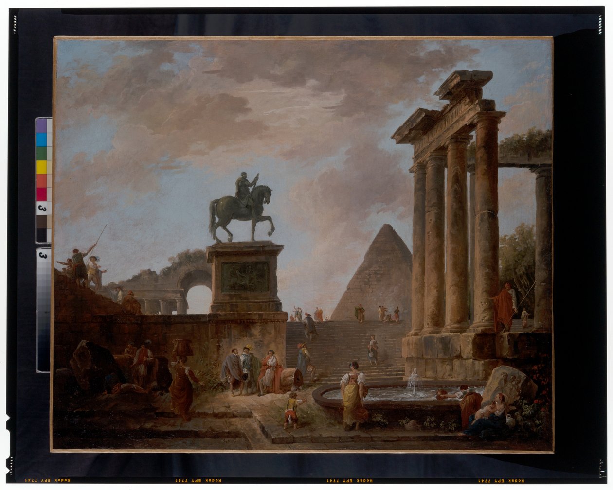 Capriccio trubaduurien ja pesurien kanssa altaan äärellä roomalaisten raunioiden keskellä, pyramidi takana, n. 1780 (öljy kankaalle) tekijältä Hubert Robert