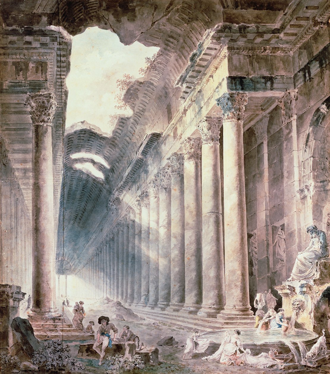 Pylväsrakenteinen lämpörakennus, katto osittain taivaalle päin, jossa tytöt pesevät vaatteita (akvarelli, kynä, tussi) tekijältä Hubert Robert