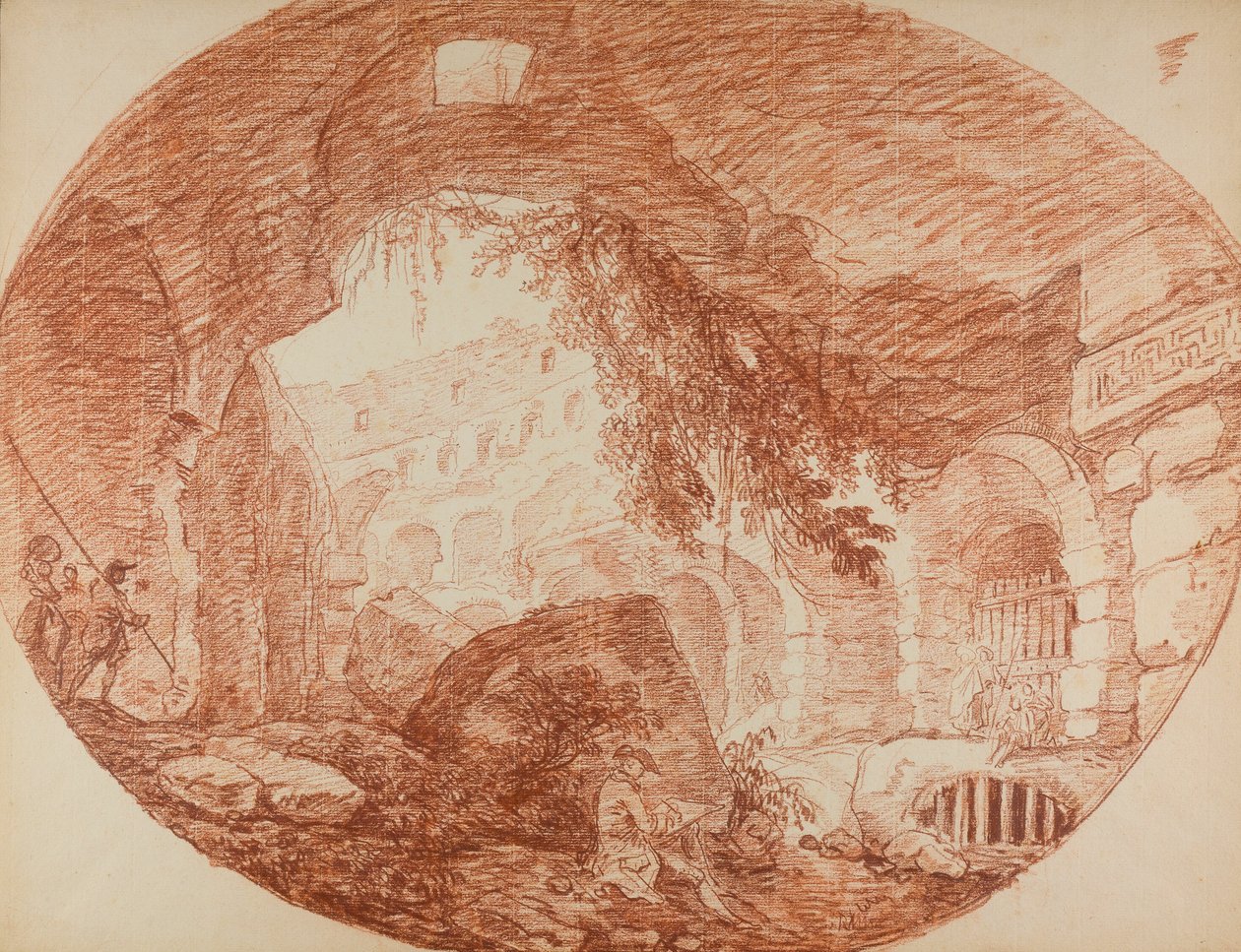 Taiteilija istuu Colosseumin raunioilla tekijältä Hubert Robert