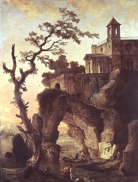 Arkkitehtoniset rauniot kallioisessa maisemassa (öljy kankaalle) tekijältä Hubert Robert