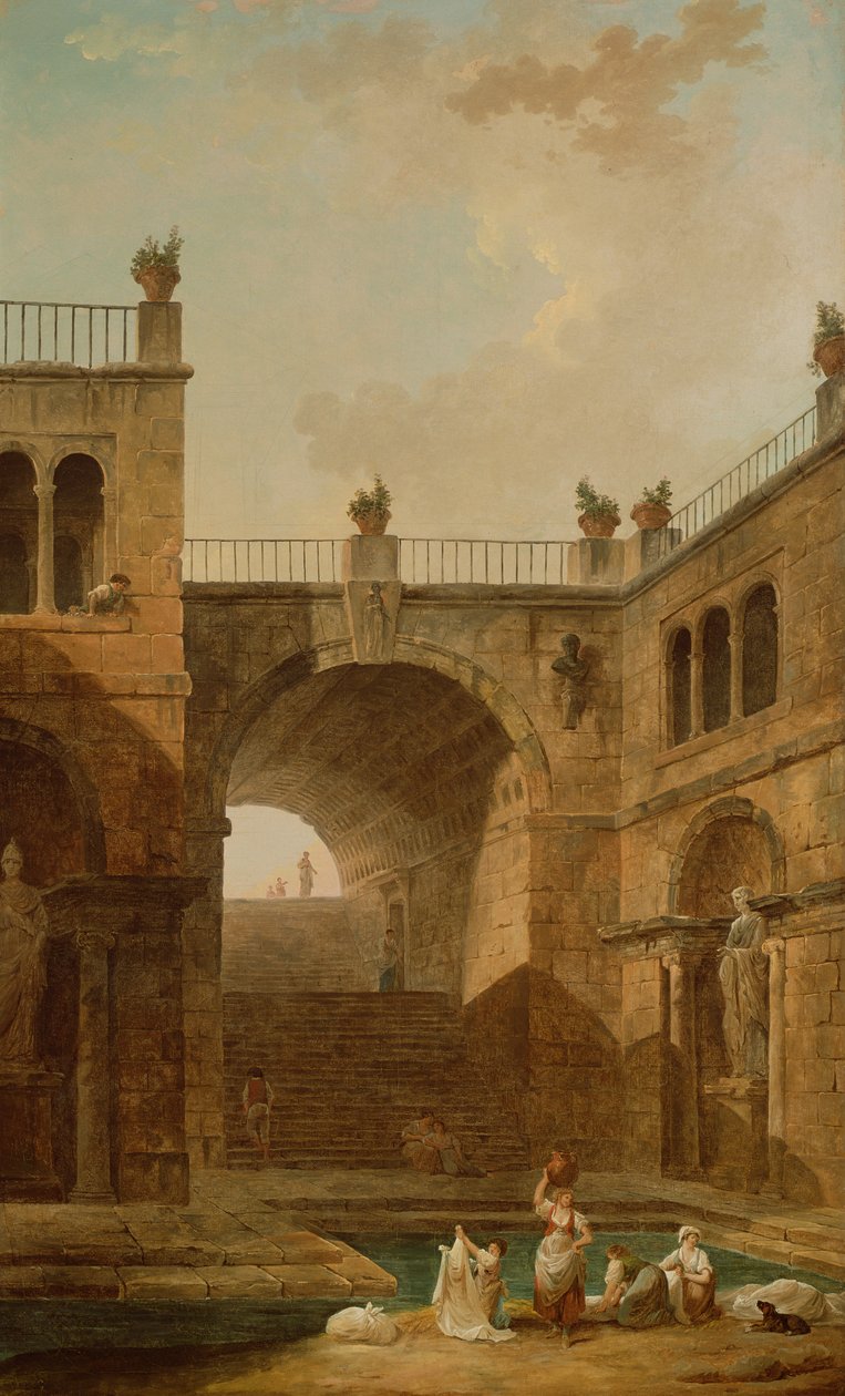Arkkitehtoninen kohtaus, jossa naiset pesevät vaatteita uima-altaalla tekijältä Hubert Robert