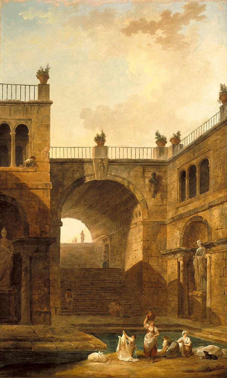 Arkkitehtoninen näkymä, jossa naiset pesevät vaatteita vesialtaalla tekijältä Hubert Robert