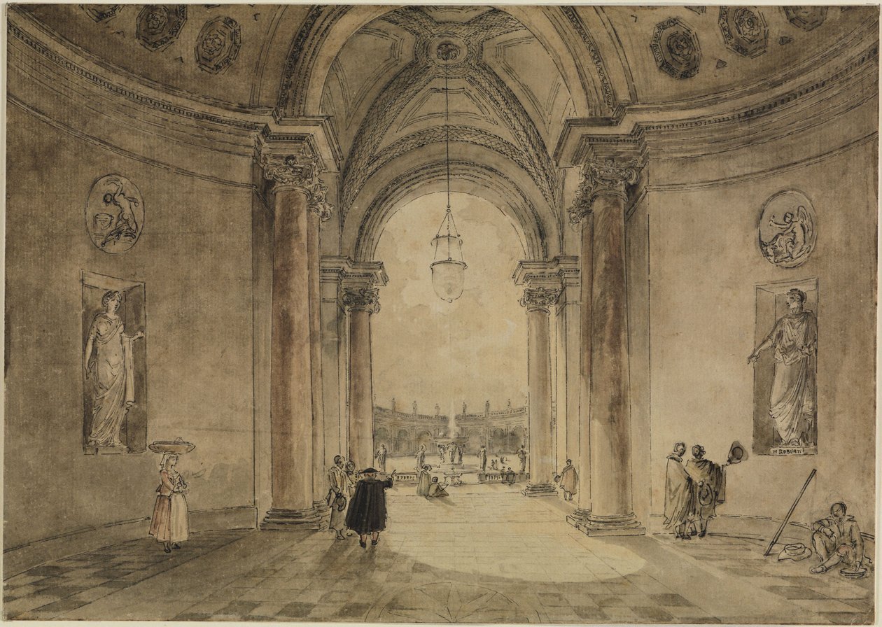 Näkymä kasinon atriumin läpi Villa Albanin puutarhaparterriin tekijältä Hubert Robert