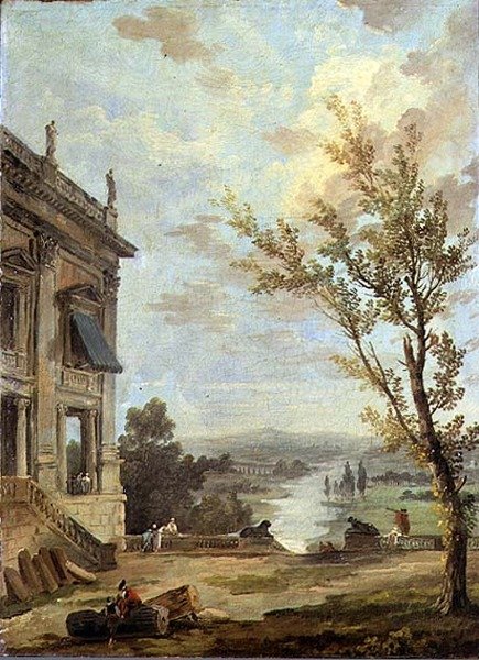 Capriccio italialainen maisema Capitoline Palazzo Nuovo ja herrasväki terassilla, joki takana tekijältä Hubert Robert