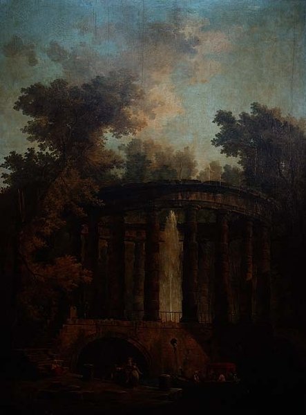 Capriccio suihkulähteestä pyöreässä pylväikkössä tekijältä Hubert Robert
