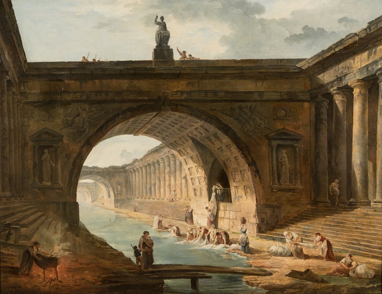 Capriccio, jossa pyykkäreitä kanavan varrella tekijältä Hubert Robert