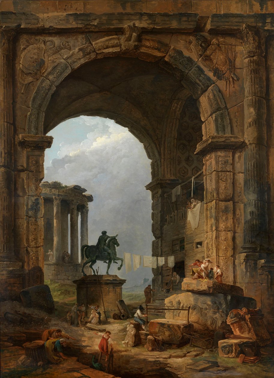 Caprice antiikki ja Marcus Aureliuksen patsas. tekijältä Hubert Robert