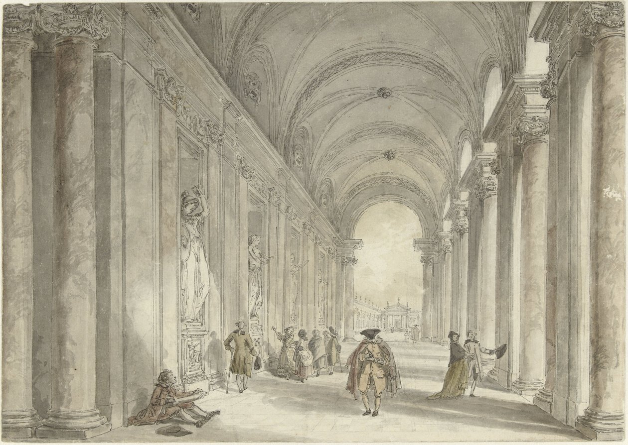 Villa Albanin kasinon pylväikkö Roomassa Näkymä Rooman Villa Albanin kasinon edessä olevasta pylväikköstä tekijältä Hubert Robert