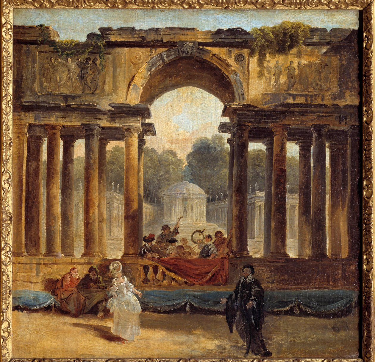 Tanssi ja konsertti puistossa Hubert Robertin (1733-1808) maalaus 1700-luvulta Amiens, Musee de Picardie tekijältä Hubert Robert