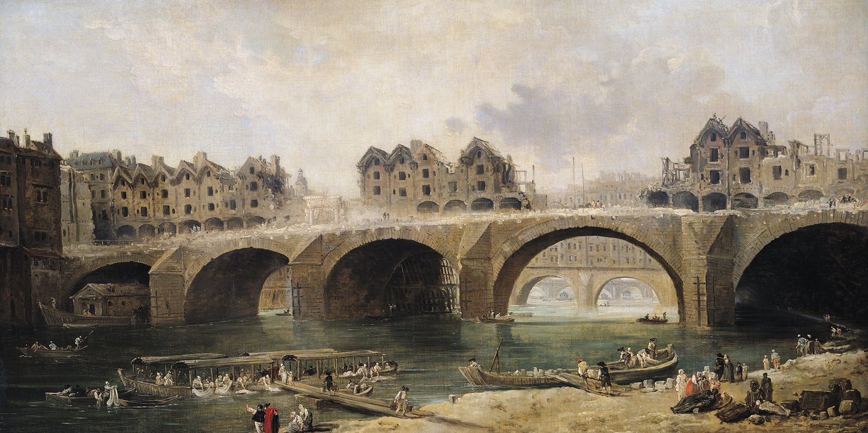 Notre-Dame-sillan talojen purkaminen, n. 1786 tekijältä Hubert Robert