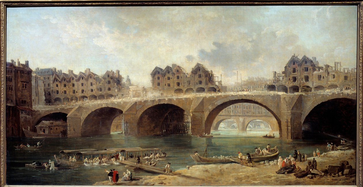 Notre Damen sillan talojen purku Pariisissa 1786 Hubert Robertin (1733-1808) maalaus 1788 su. 0,73x1,4 m tekijältä Hubert Robert