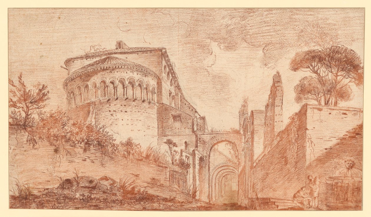 SS. Giovanni e Paolon kirkko Roomassa apsidista nähtynä tekijältä Hubert Robert