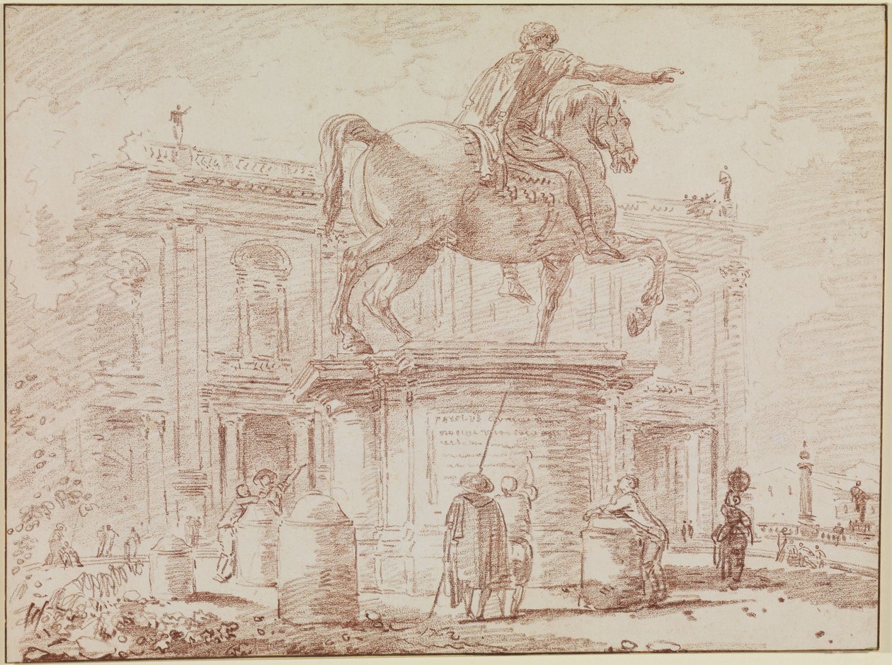 Marcus Aureliuksen ratsastajapatsas ja Konservaattorien palatsi Roomassa tekijältä Hubert Robert