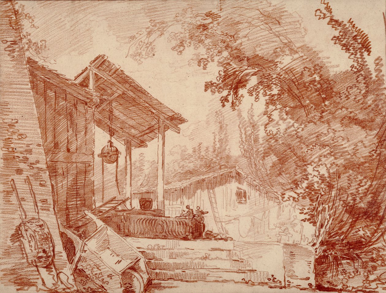 Maatilan piha, jossa on kaksi hahmoa kaivon äärellä ja suuri kottikärry etualalla tekijältä Hubert Robert