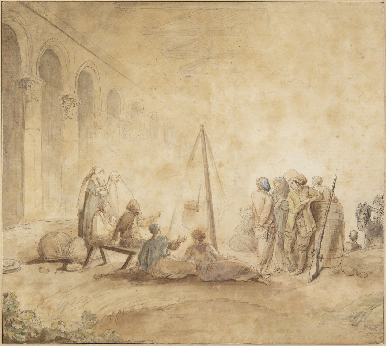 Hahmoja nuotion ympärillä tekijältä Hubert Robert