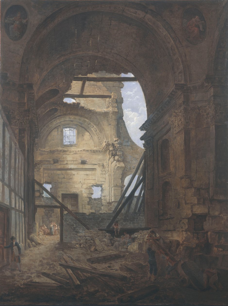 Ranska: La chapelle de la Sorbonne avec la voûte de la nef effondrée Sorbonnen kirkko raunioina. tekijältä Hubert Robert