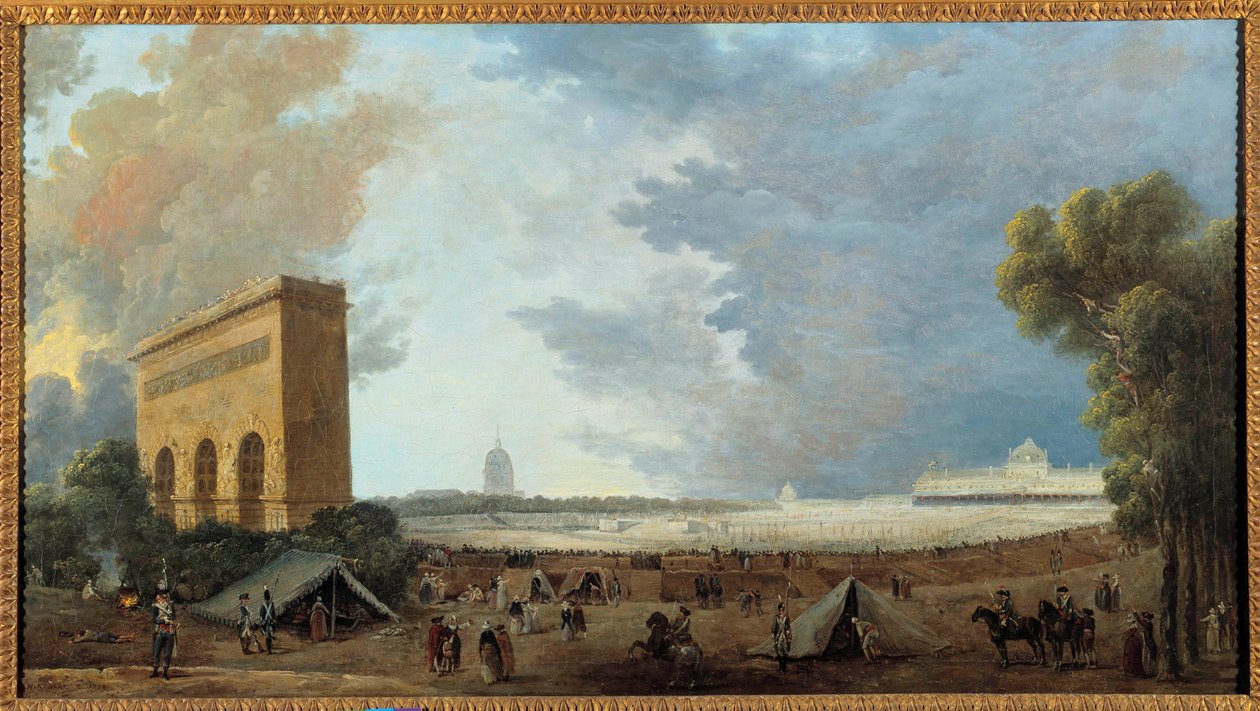 Ranskan vallankumous: ""Kansallisen liiton festivaali juhlittiin Champ de marsilla Pariisissa 14. heinäkuuta 1790"" Hubert Robertin (1733-1808) maalaus. 1790 Su. 0,52 x 0,96 m tekijältä Hubert Robert