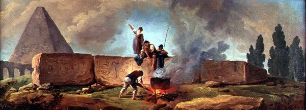 Mustalaiset keittävät kattilaa egyptiläisten raunioiden keskellä (öljy kankaalle) tekijältä Hubert Robert