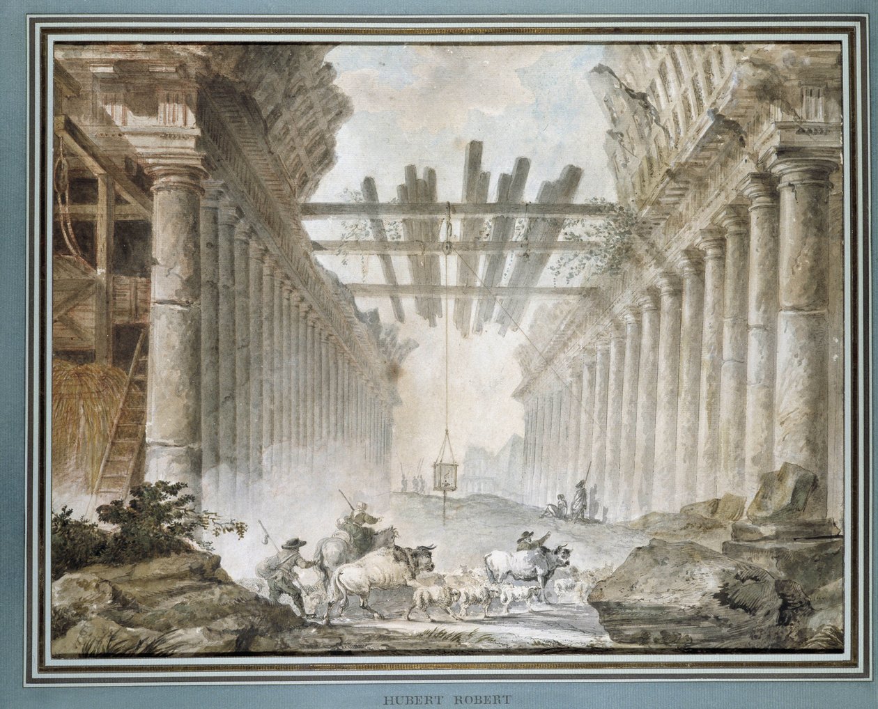 Lauma piirustustemppelin raunioissa (öljy kankaalle) tekijältä Hubert Robert