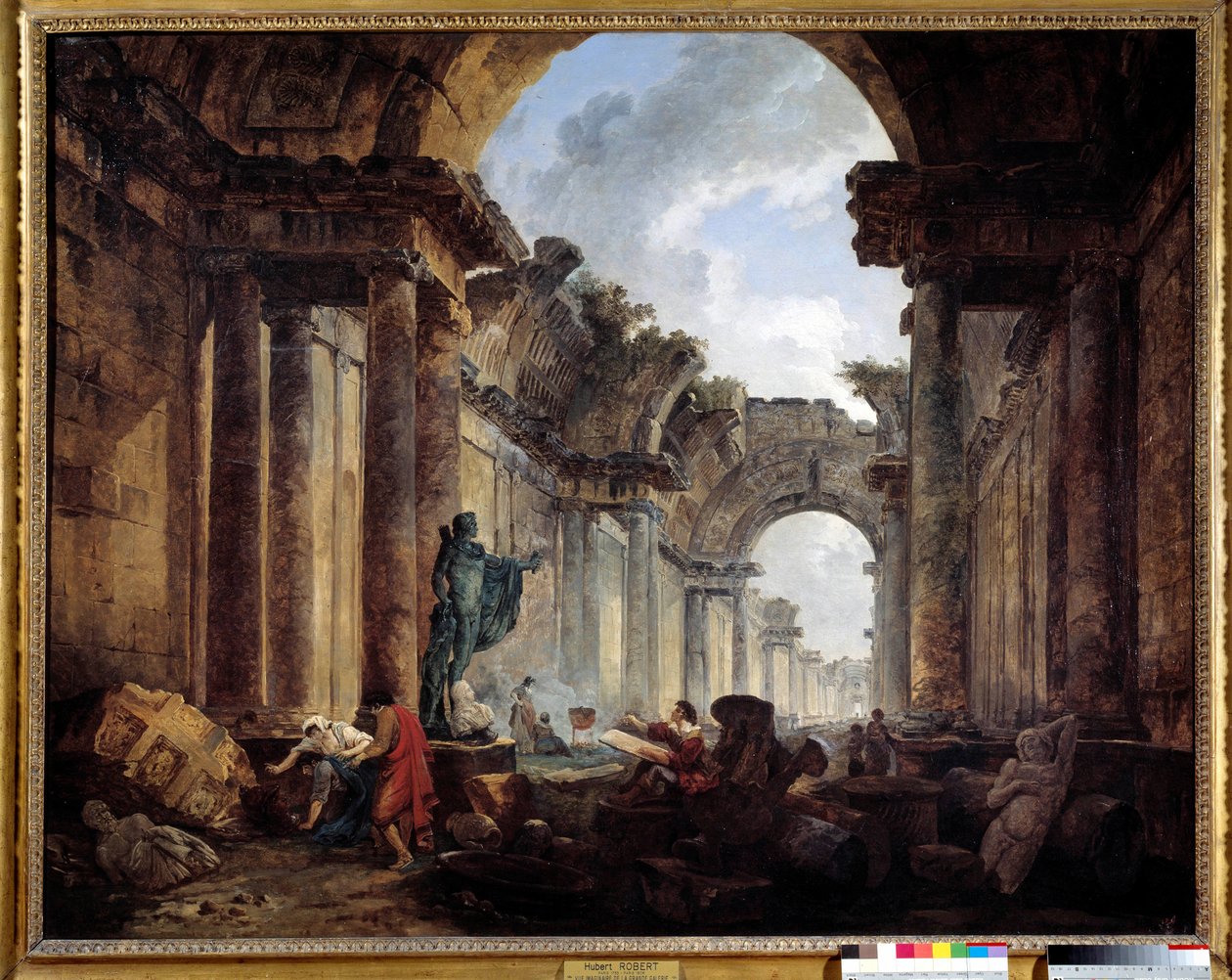 Kuvitteellinen näkymä Grand Galerie du Louvresta raunioiden maalauksessa Hubert Robert (1733-1808) Sun. 1,14x1,46 m. tekijältä Hubert Robert