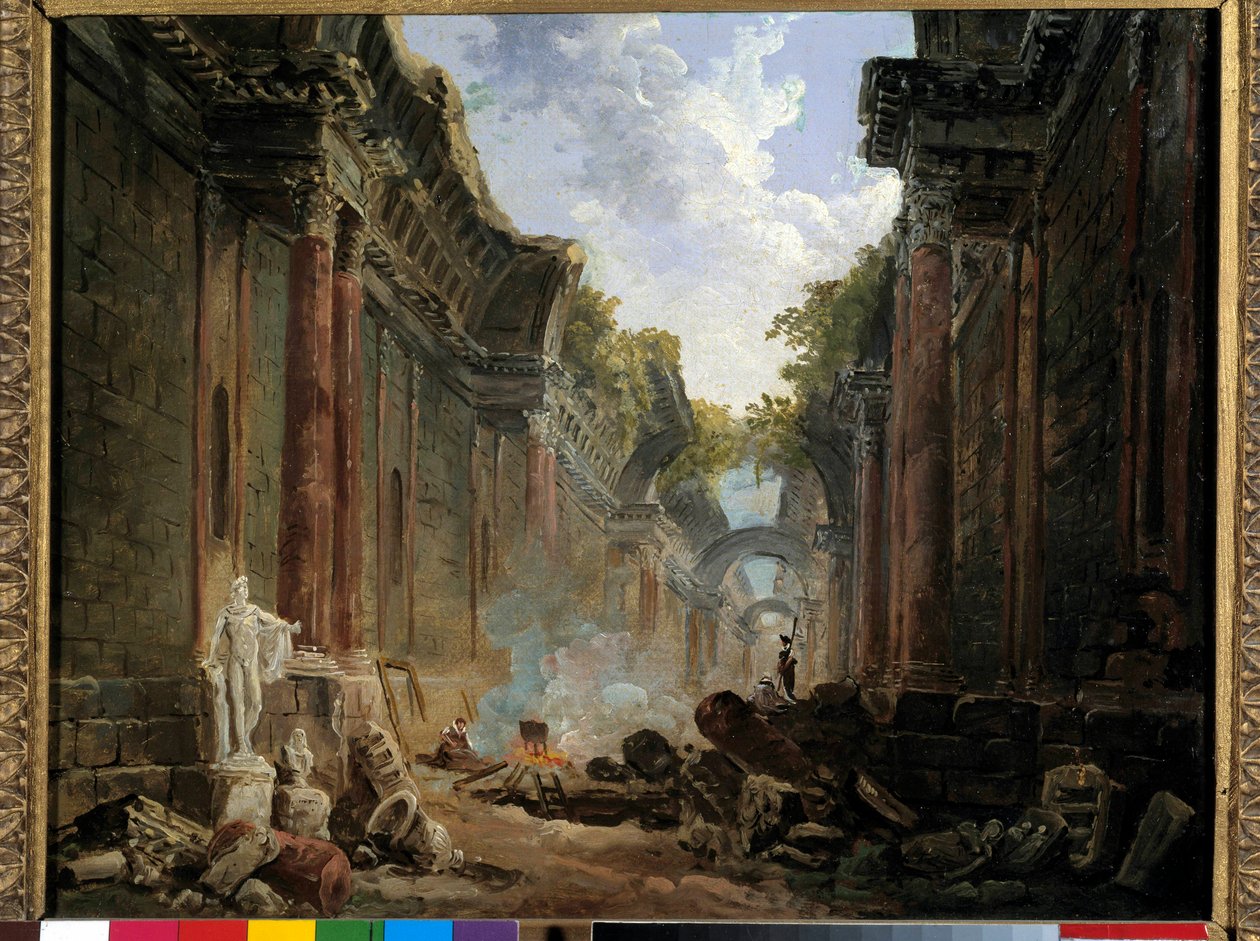 Kuvitteellinen näkymä Grande Galerie du Louvresta raunioina Hubert Robertin (1733-1808) maalaus 1700-luvun su. 0,32x0,4 m. tekijältä Hubert Robert