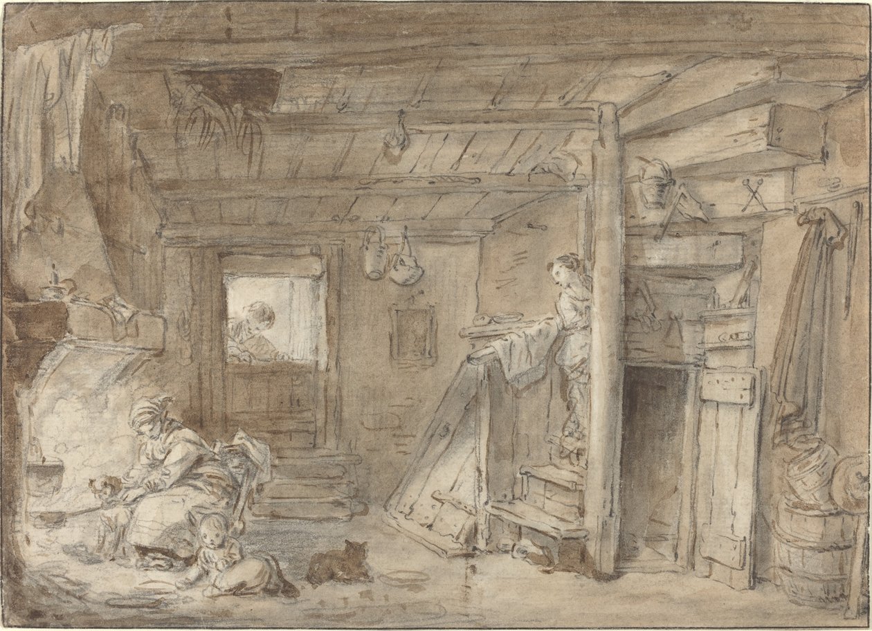 Maalaistalon sisustus hahmoilla tekijältä Hubert Robert
