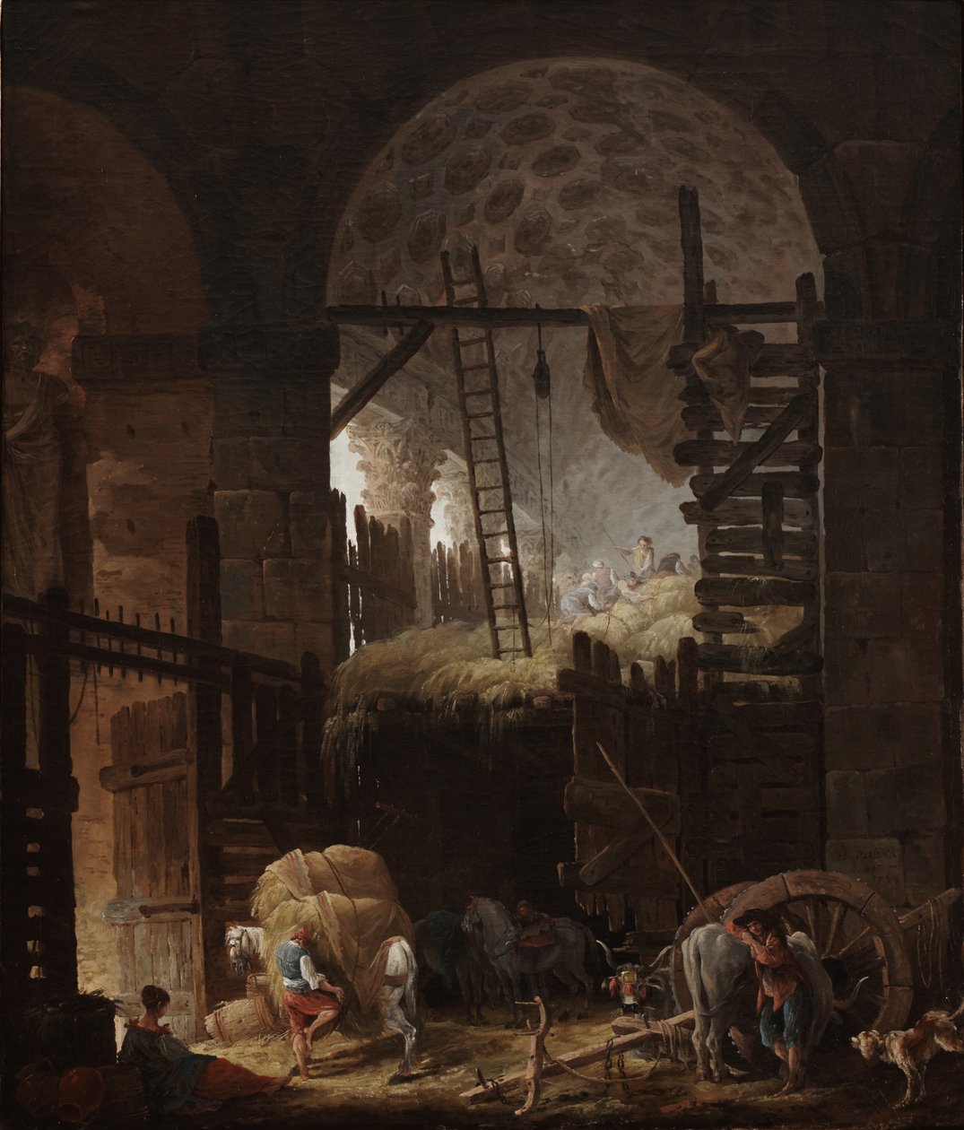 Villa Giulian sisäosa ja heinäntekijät tekijältä Hubert Robert