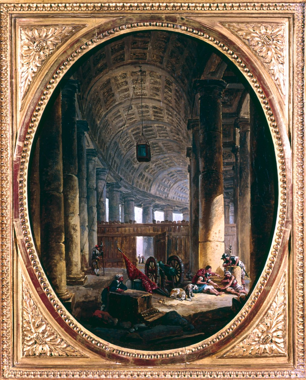 "Rooman Pyhän Pietarin pylväikkön sisätilat vuoden 1769 konklaavin aikaan" tekijältä Hubert Robert