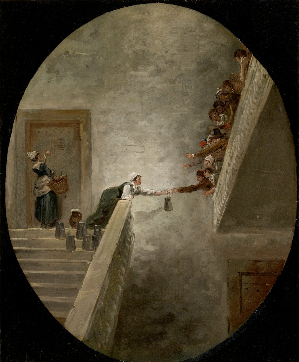 La jakelu du lait a la vankila Saint Lazare - Robert, Hubert (1733-1808) maidonjakelu Saint-Lazaren vankilassa n. 1794 - Öljy paperille, 36,8x30,2 - Yksityiskokoelma tekijältä Hubert Robert