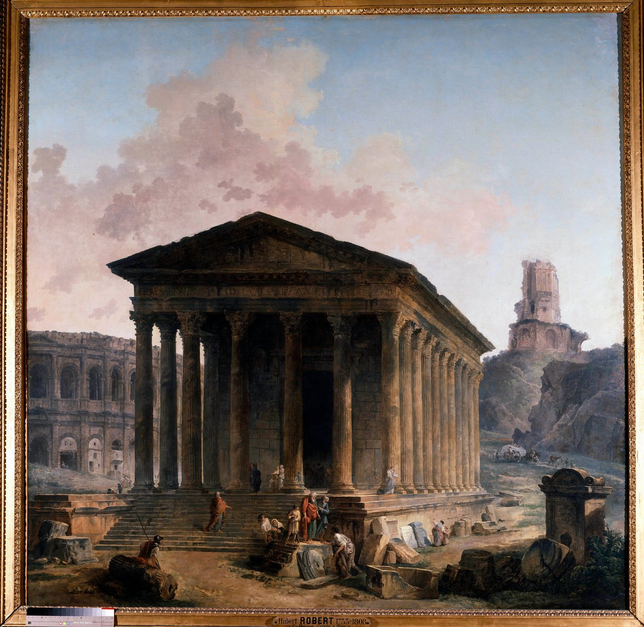 Neliönmuotoinen talo, härkätaisteluareena ja Magne-torni Nimesissä Hubert Robertin maalaus tekijältä Hubert Robert