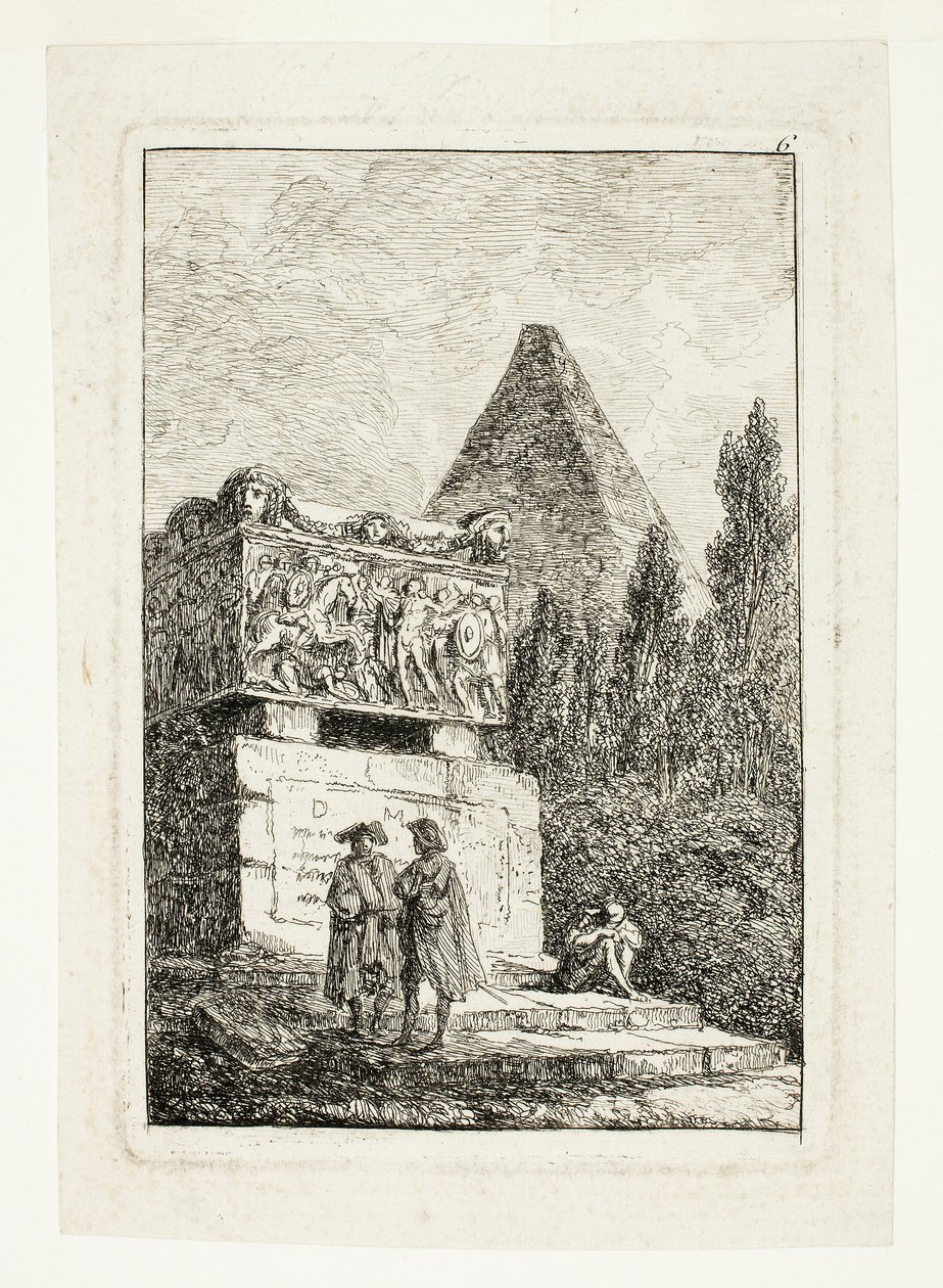 Maisema, jossa on pyramidi ja sarkofagi, kuudes levy teoksesta Les Soirées de Rome. tekijältä Hubert Robert