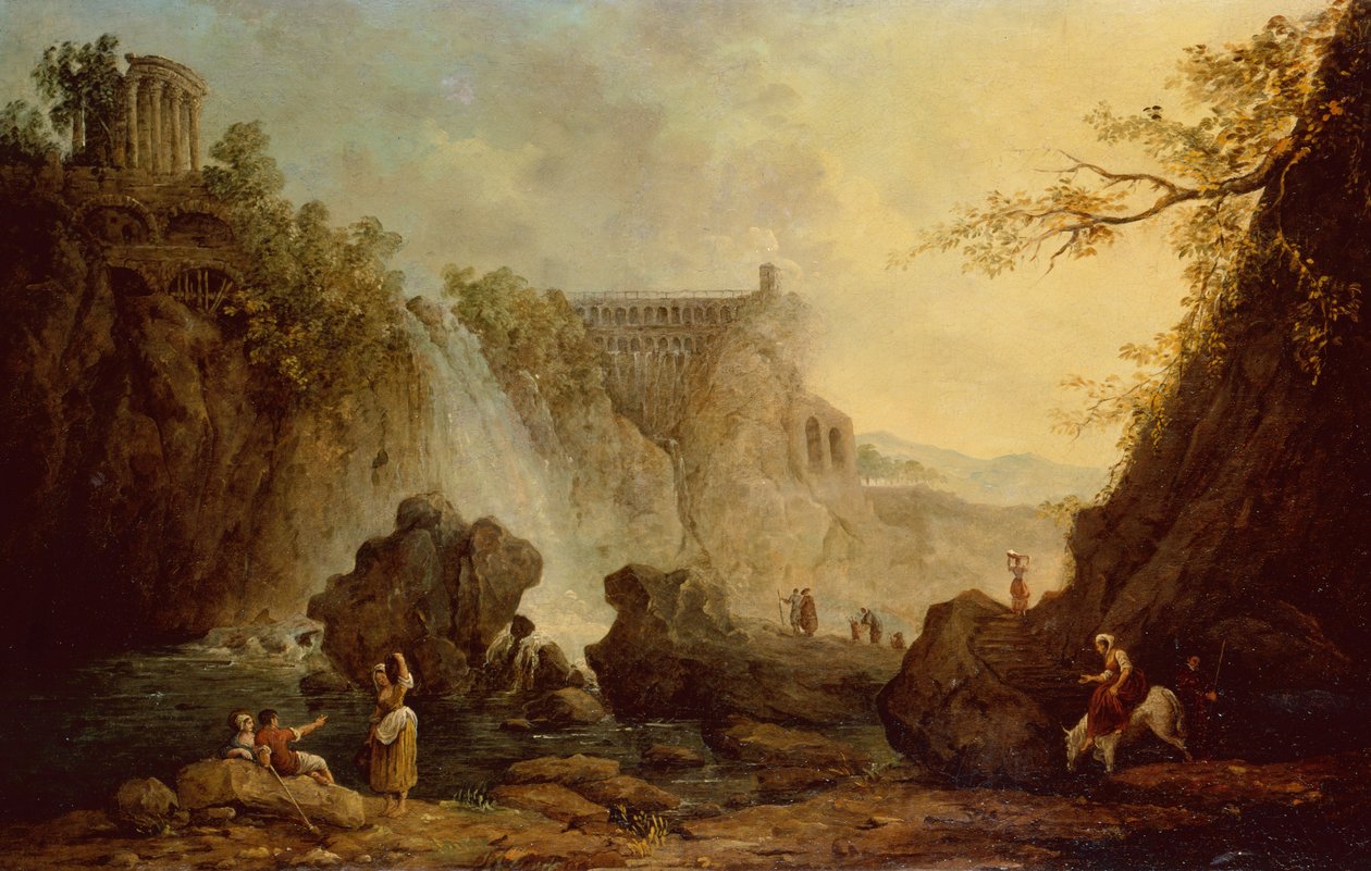 Maisema ja vesiputous (öljy kankaalle) tekijältä Hubert Robert
