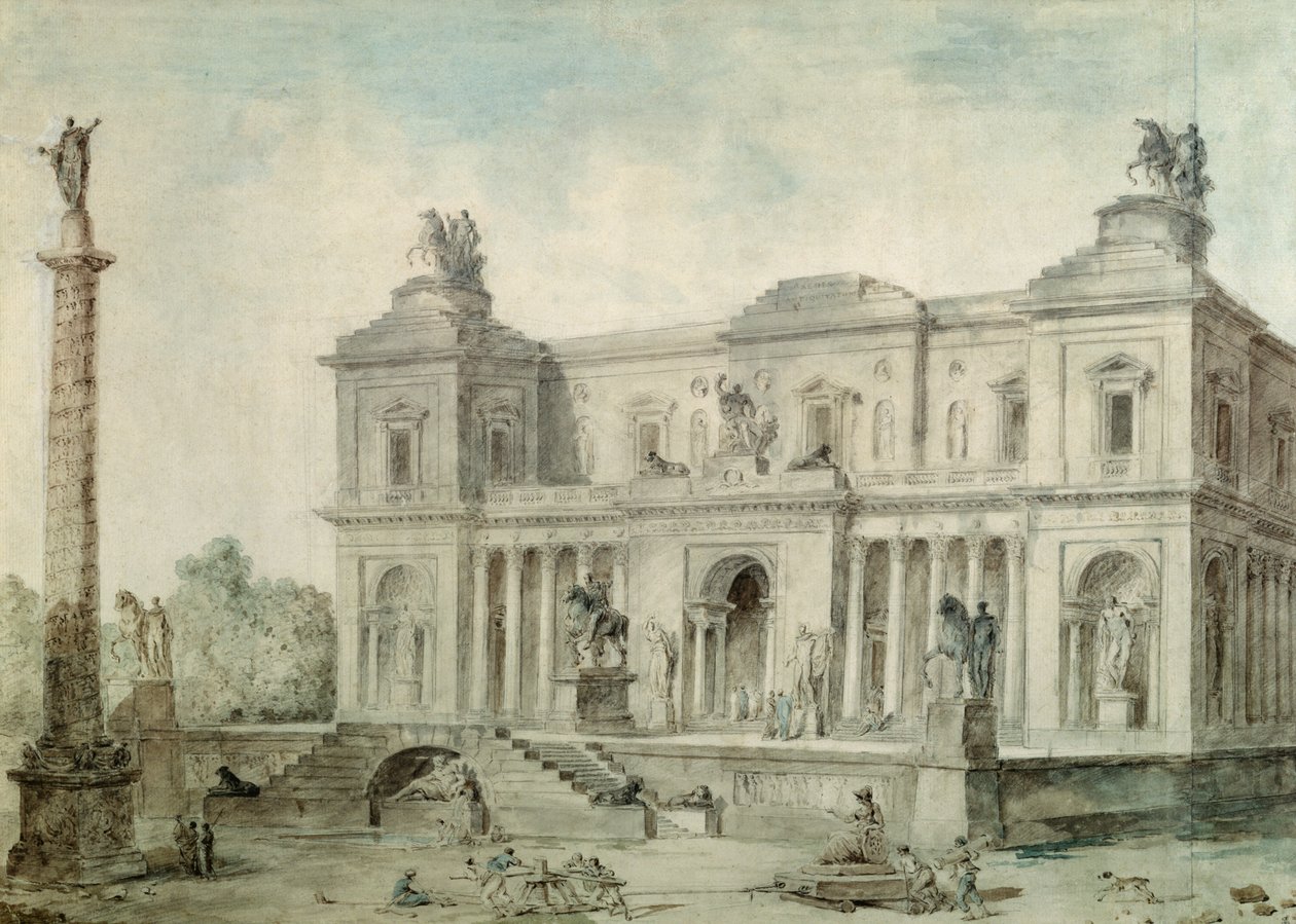 Le Musée des Antiques, n. 1800 (liitu, kynä ja muste sekä wc paperilla) tekijältä Hubert Robert