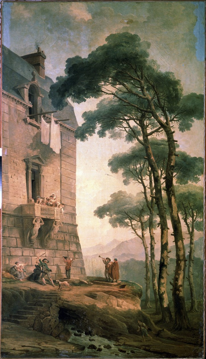 Muusikot. Muusikoista ja karhunkouluttajasta koostuva taiteilijaryhmä etsii keskiluokkaisen talon parvekkeen alla. Hubert Robertin (1733-1808) maalaus, öljy kankaalle, ranskalaista taidetta. Pietarin valtion ulkoilmamuseo Pietarissa tekijältä Hubert Robert