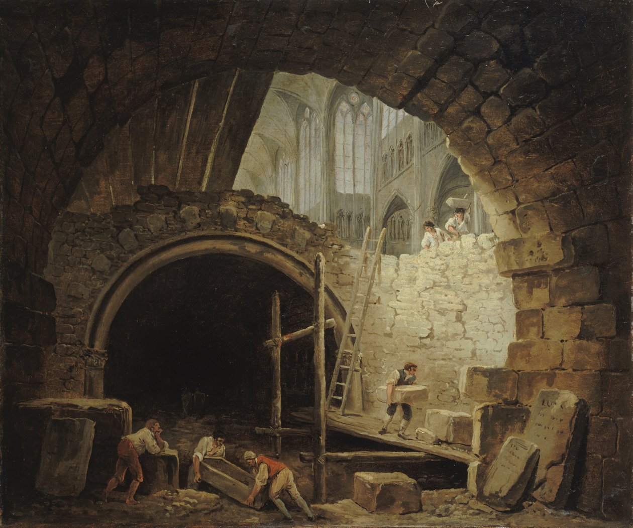 Kuninkaallisten hautojen ryöstö Saint-Denisin basilikassa, lokakuu 1793, n. 1793. tekijältä Hubert Robert