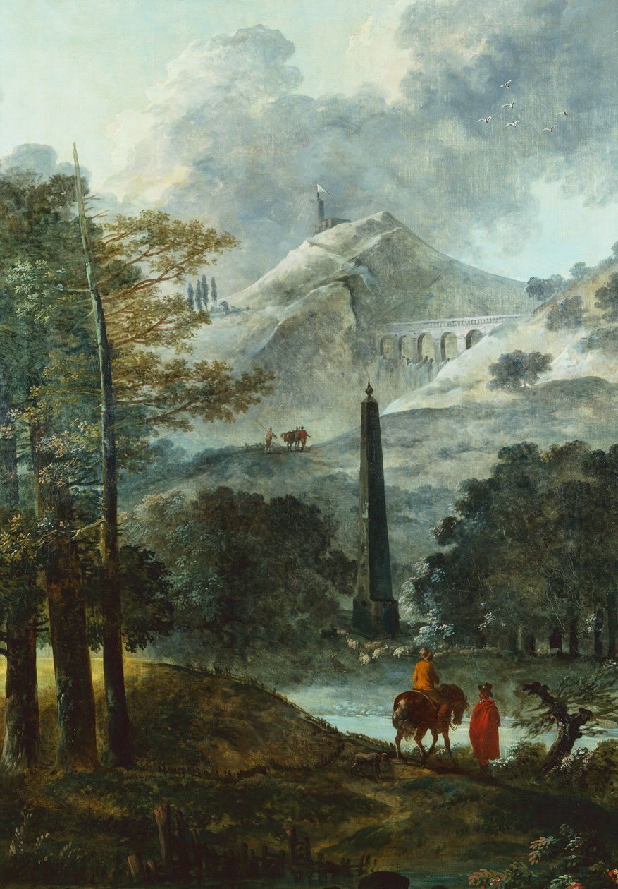 Vuoristoinen maisema obeliskin kanssa (öljy kankaalle) tekijältä Hubert Robert