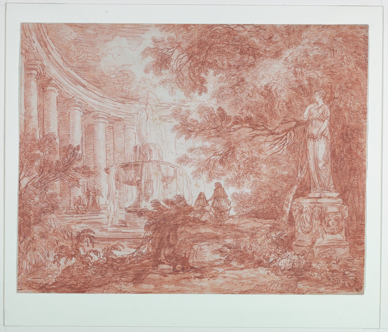Puisto, jossa on suihkulähde ja patsas tekijältä Hubert Robert