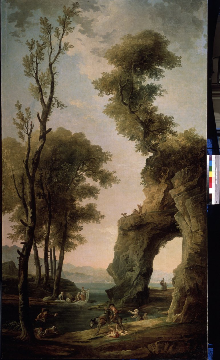 Maaseutu. Pesajat pesevät vaatteet joessa. Nainen putoaa aasista. Hubert Robertin (1733-1808) maalaus, öljy kankaalle, ranskalainen taide. Pietarin valtion ulkoilmamuseo Pietarissa. tekijältä Hubert Robert