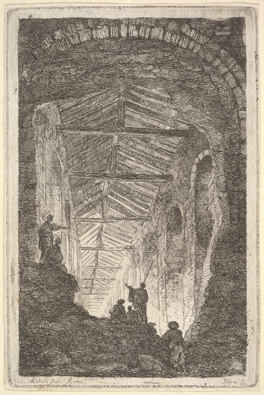 Levy 10: Muinainen galleria: suuri katettu galleria, valoa tulee sisään alta..., n. 1763-64. tekijältä Hubert Robert