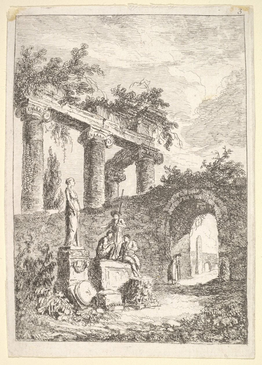 Levy 3: Patsas ennen raunioita: patsas vasemmalla kolmen hahmon vieressä p..., n. 1763-64. tekijältä Hubert Robert