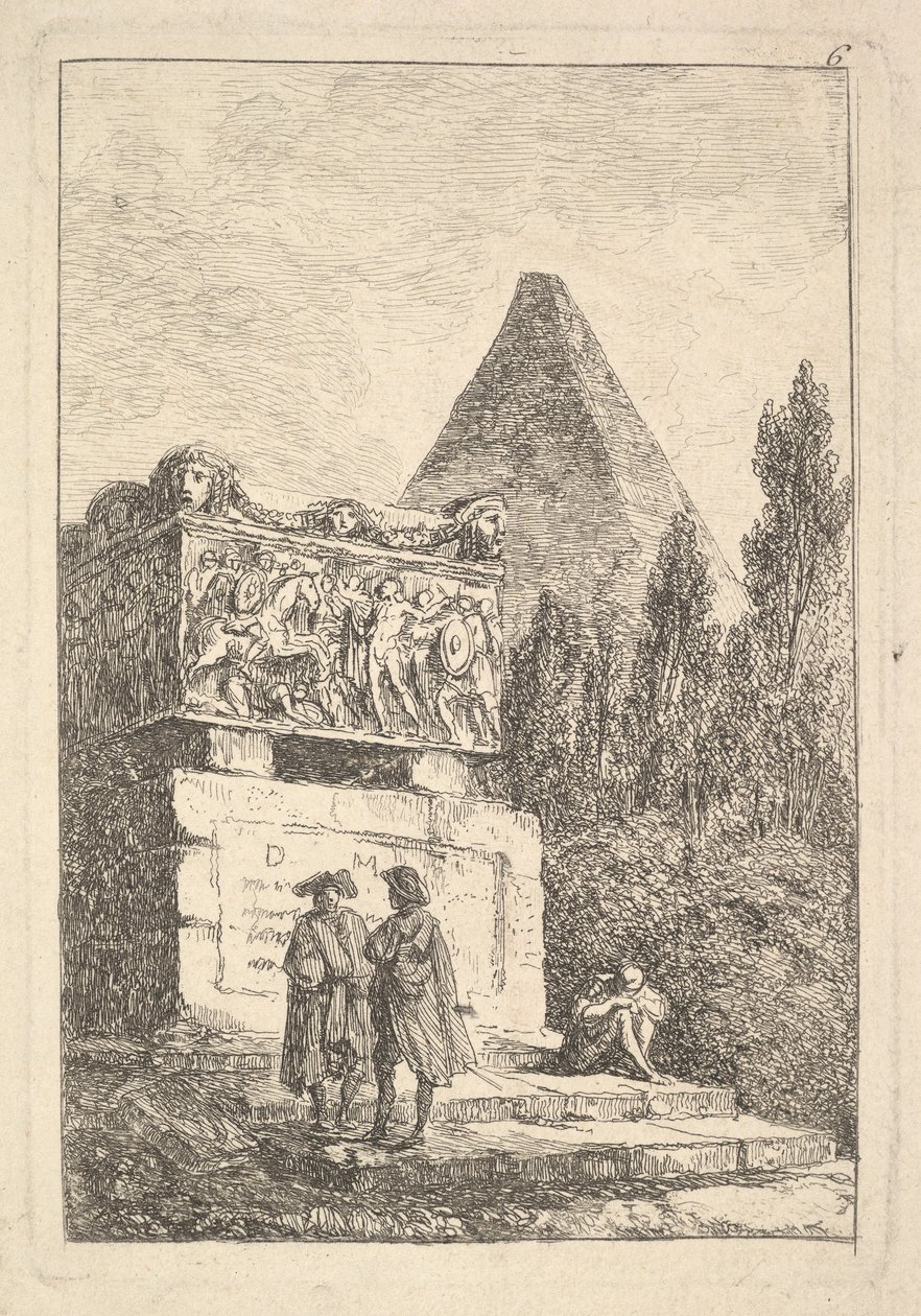 Levy 6: Sarkofagi: kaksi miestä keskustelemassa vasemmalle, toinen mies istuu ja nukkuu..., n. 1763-64. tekijältä Hubert Robert