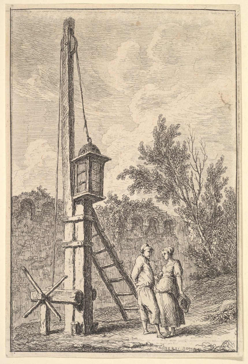 Levy 9: Hihnapyörä: mies ja nainen keskustelevat oikealle, lyhty ripustettuna asentoon..., n. 1763-64. tekijältä Hubert Robert