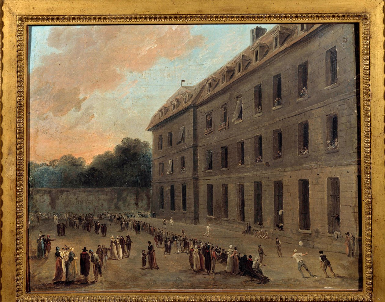 Vankien virkistys Saint Lazaressa: ilmapalloosa Hubert Robertin (1733-1808) maalaus 1794 Su. 0,33x0,41 m Pariisi, Musee Carnavalet tekijältä Hubert Robert