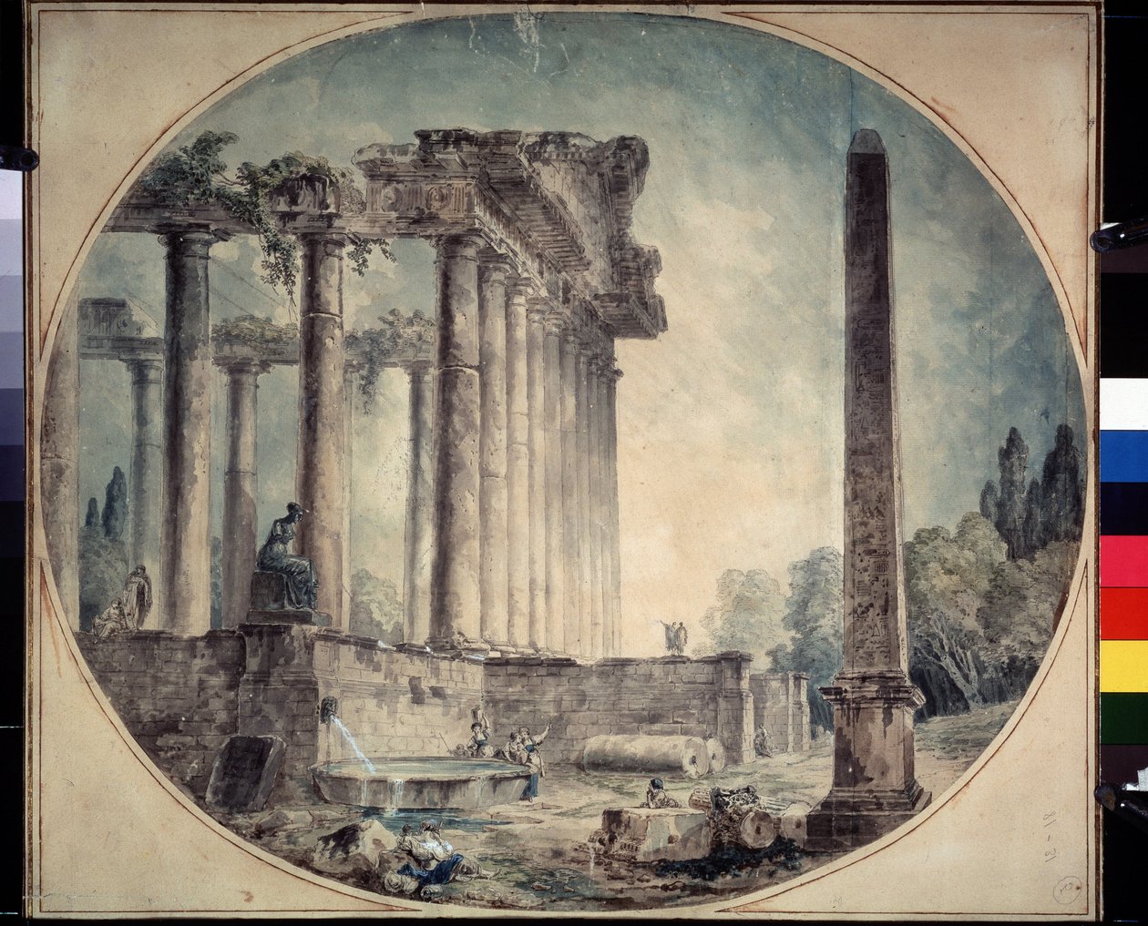 ""Muinaiset rauniot ja obeliski"" Hubert Robertin (1733-1808) akvarelli 1776 Valtion A. Pushkinin taidemuseo, Moskova, Venäjä tekijältä Hubert Robert