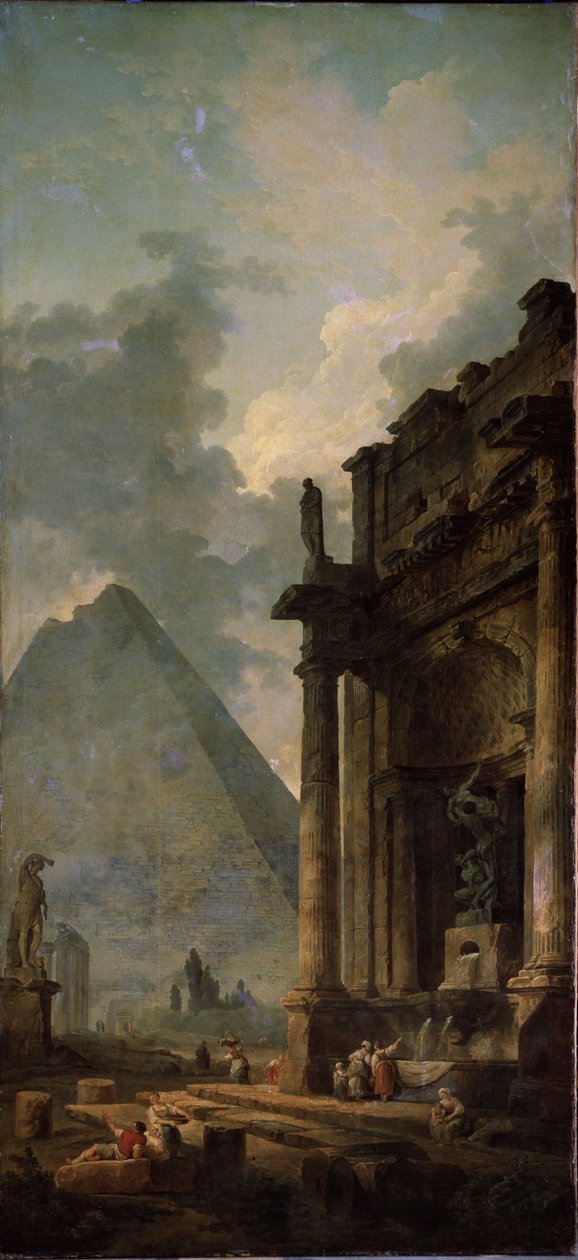 Rauniot pyramidin kanssa. Hubert Robertin (1733-1808) maalaus öljy kankaalle tekijältä Hubert Robert