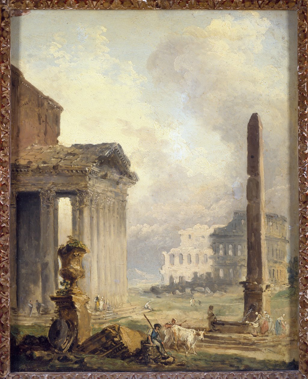 Roomalaisia raunioita, Forum sekä Colosseum ja obeliski tekijältä Hubert Robert