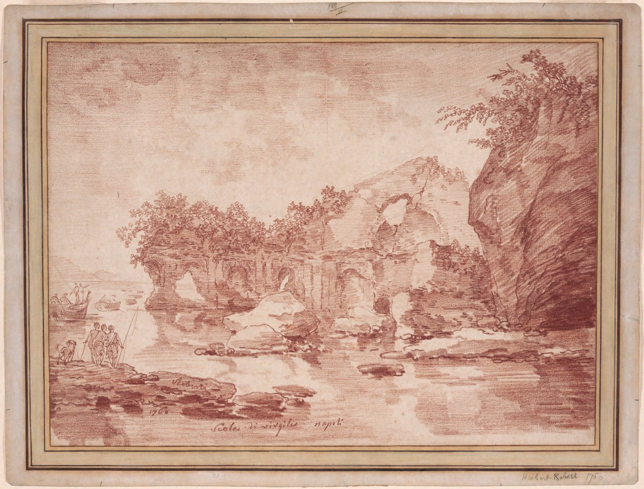 Raunioita meren rannalla Napolin lähellä: "Scola di Virgilio" tekijältä Hubert Robert