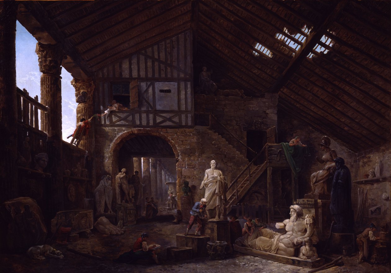 Antiikkiesineiden restauroijan ateljee Roomassa tekijältä Hubert Robert