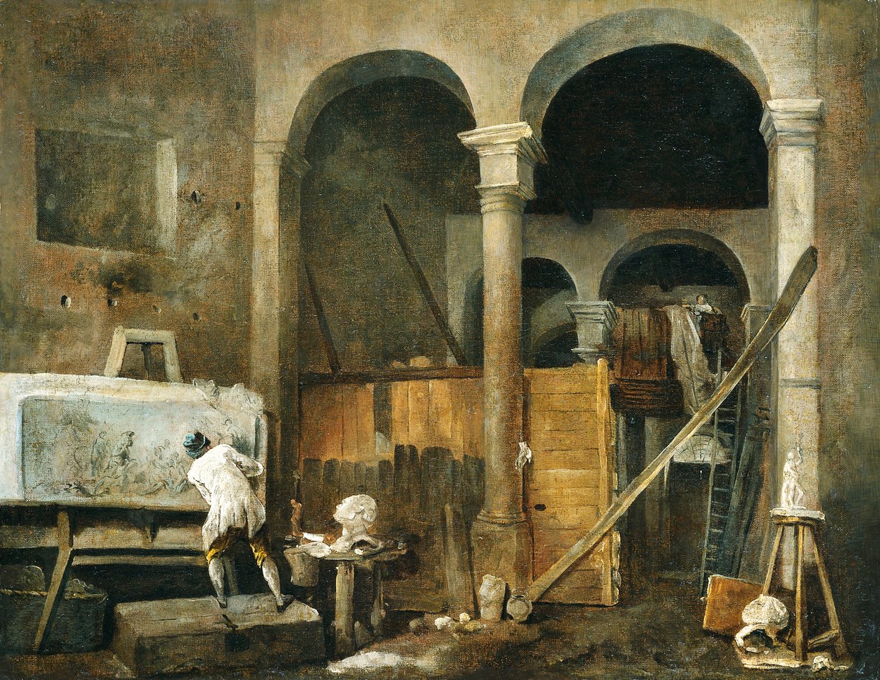 Taiteilijan ateljee, noin 1760 (öljy kankaalle). tekijältä Hubert Robert